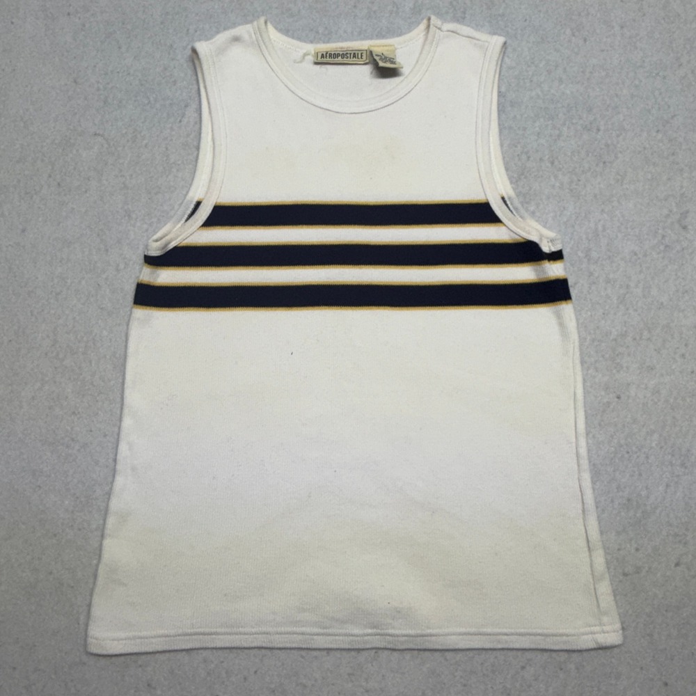 Vintage 90s Aeropostale Striped Ribbed‎ Tank Top White Navy Yellow Large